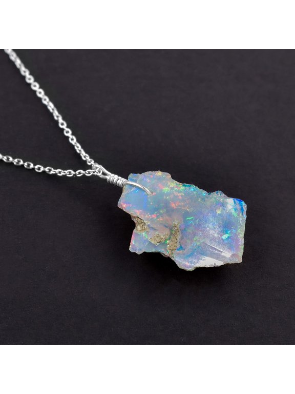 Ethiopian Opal Gemstone Necklace for Women, Rhodium Plated 925 Sterling Silver, Raw Rough-shape White Stone, 14 to 16 Carats, Size Approx 15 to 25mm, Handmade Healing Crystal Pendant Gift
