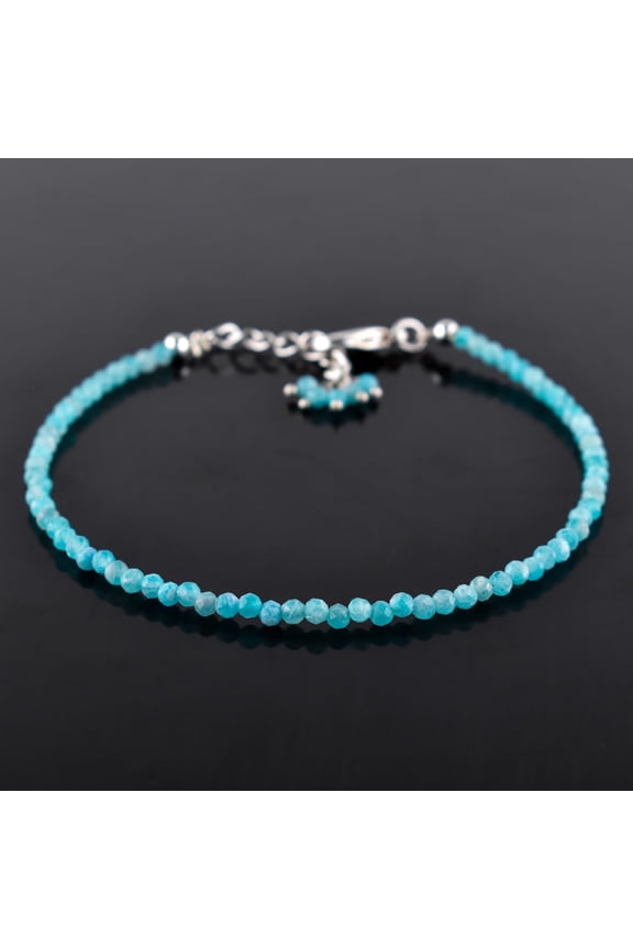 Natural Amazonite Gemstone Micro Round Beads Dainty Bangle Bracelet, Jewelry for Women, Healing Chakra Crystals, Birthstone Gift for Her, Silver Plated Chain 8 inch