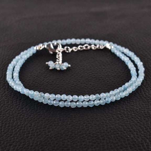 QNAVIC Natural Aquamarine Gemstone Micro Round Beads Dainty Choker Necklace Handmade Jewelry for Women Healing Chakra Crystals Birthday Gift for Her Silver Plated Chain 18 inch