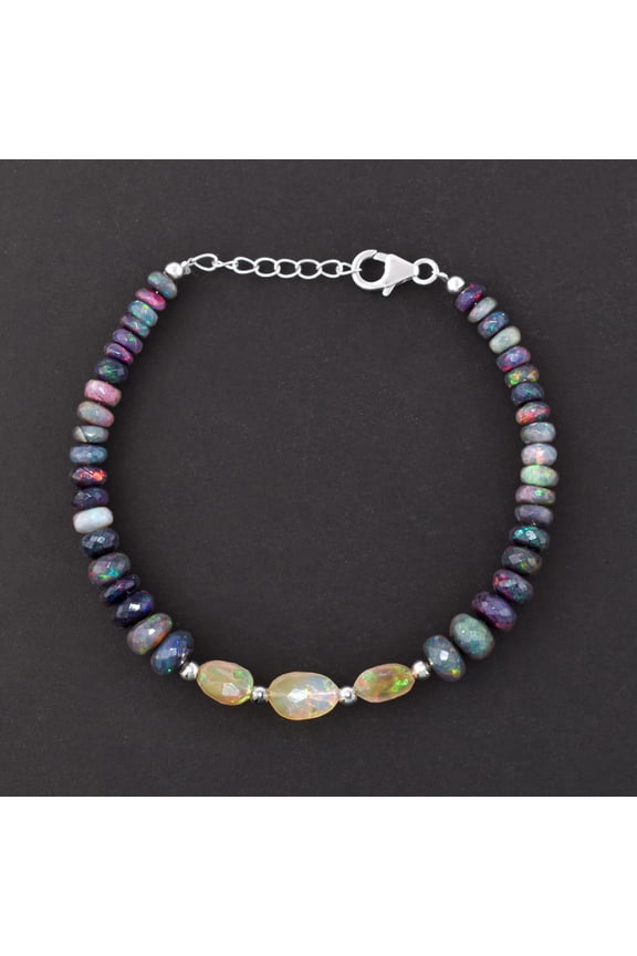 Natural Black Ethiopian Opal Stone Beads Tumbled Bracelet Handmade Jewelry Healing Chakra Crystals October Birthstone Gift for Women 925 Sterling Silver Chain 8 Inch