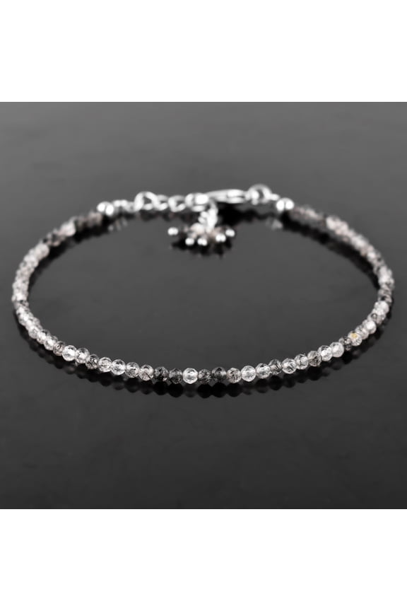 Natural Black Rutile Quartz Gemstone Micro Round Beads Dainty Bracelet, Jewelry for Women, Healing Chakra Crystals, Birthstone Birthday Gift for Her, Silver Plated Chain 8 inch