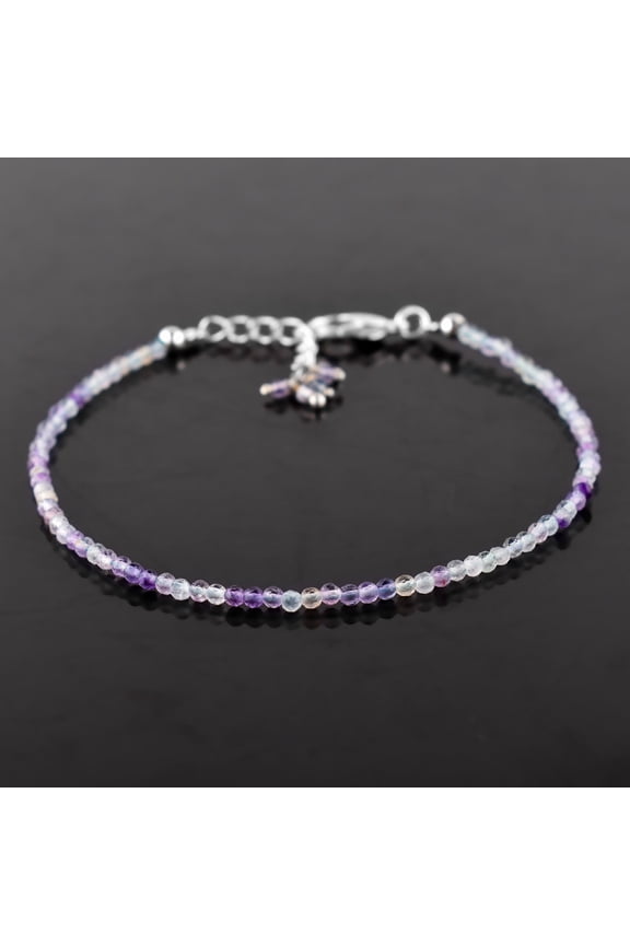 Natural Blue Fluorite Gemstone Micro Round Beads Dainty Bangle Bracelet, Handmade Jewelry for Women, Healing Chakra Crystals, Birthday Gift for Her, Silver Plated Chain 8 inch