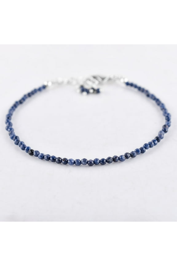 Natural Blue Sapphire Gemstone Micro Round Beads Dainty Bangle Bracelet Jewelry for Women Healing Chakra Crystals September Birthstone Birthday Gift for Her Silver Plated Chain 8 inch