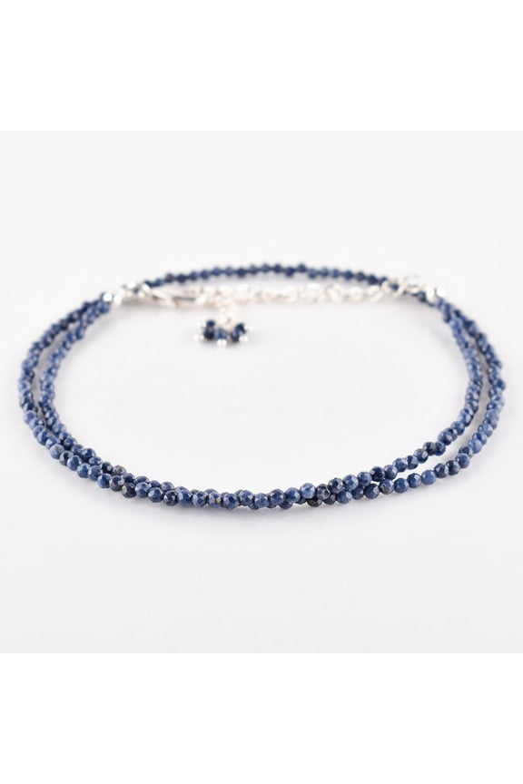Natural Blue Sapphire Gemstone Micro Round Beads Dainty Choker Necklace Jewelry for Women Healing Crystals September Birthstone Birthday Gift for Her Silver Plated Chain 18 inch