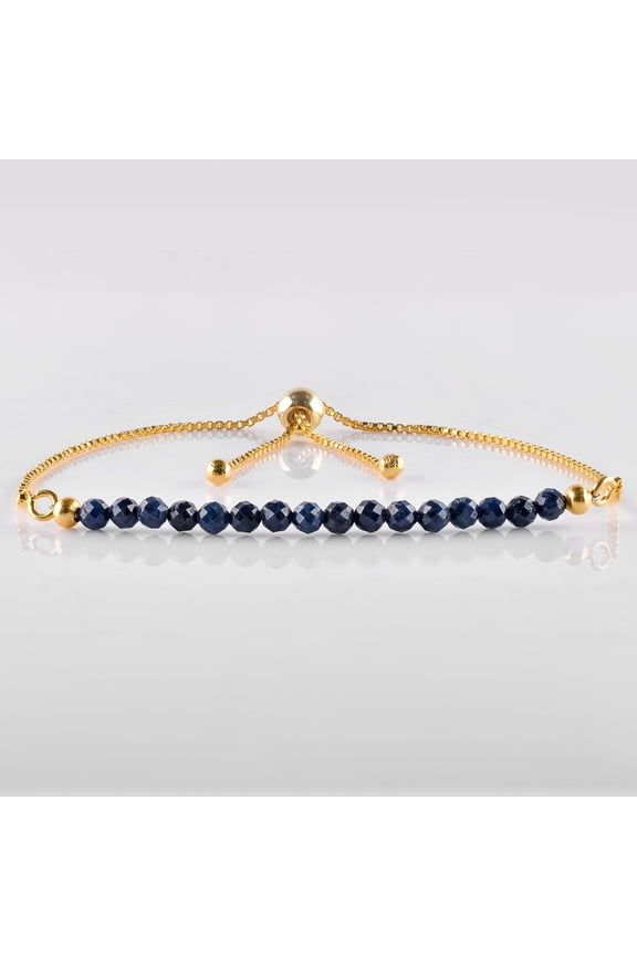 Natural Blue Sapphire Micro Beaded Dainty Slider Bolo Bracelet, Handmade Jewelry for Women, Healing Chakra Crystals Birthstone Gift for Her, 14K Gold Plated Adjustable Chain 6-9 inch