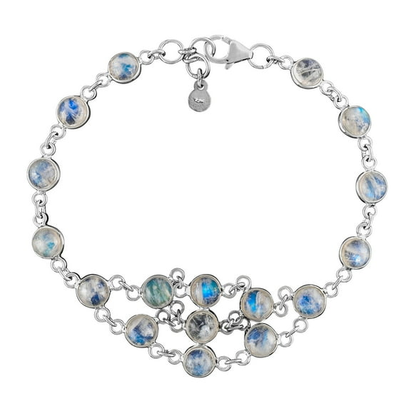 QNAVIC Natural Blue Sheen Moonstone Cabochon Bezel Charm Bracelet For Women, Healing Chakra Crystal, October Birthstone, Rhodium Plated 925 Sterling Silver Handmade Dainty Bracelet, Gifts for Her