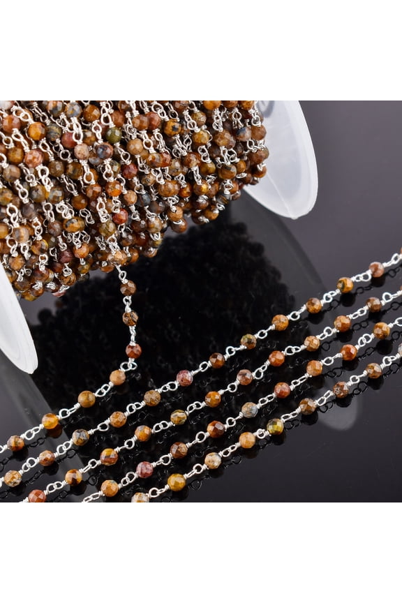 Natural Brown Pietersite Gemstone Handmade Beaded Stone Rosary Chains with 3mm Beads Jewelry Making DIY Accessories 925 Sterling Silver Rosary Chain Hand Craft (1 feet)
