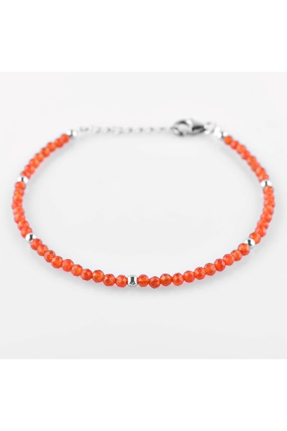 Natural Carnelian Gemstone Micro Beads with Silver Ball Bangle Bracelet for Women, Handmade Jewelry, Healing Chakra Crystals, 925 Sterling Silver Chain 8 Inch, Birthday Gifts