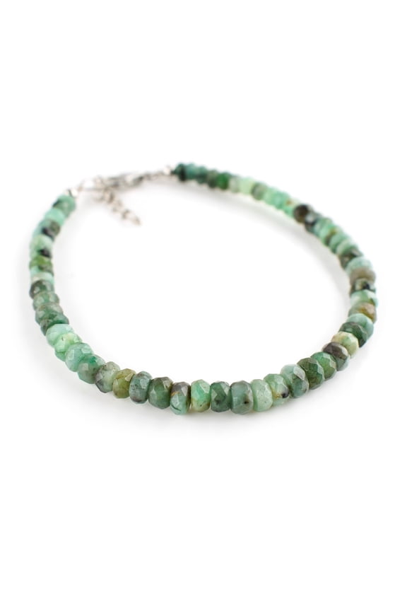 Natural Emerald Beaded Stones Bangle Bracelet for Women, Crystals and Healing Stones, Birthstone Jewelry, Rhodium Plated 925 Sterling Silver 8 inch, Birthday Gift for Her