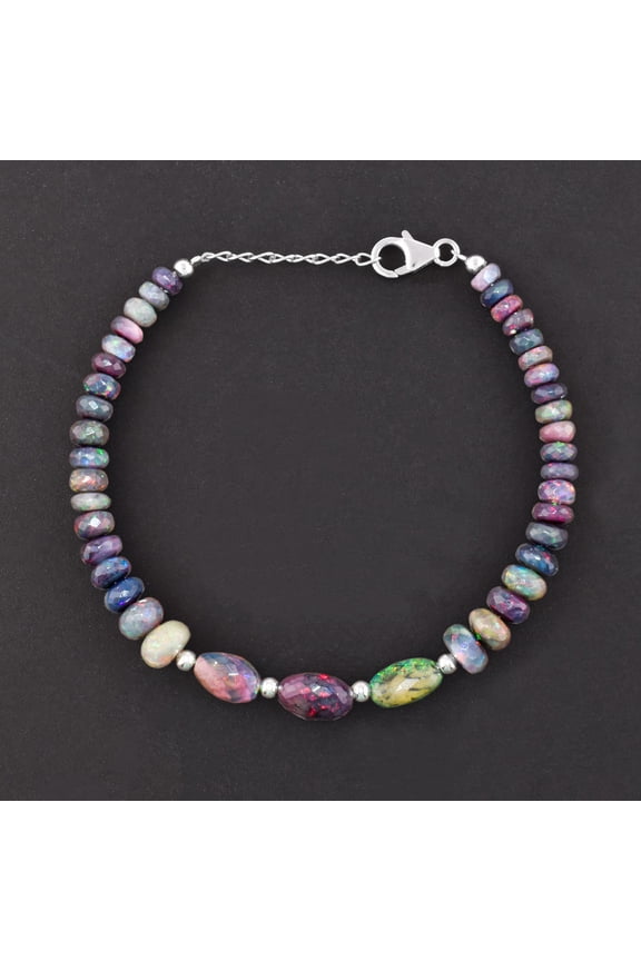 Natural Ethiopian Black Opal Gemstone Beads Dainty Link Bracelet, Handmade Jewelry, Chakra Healing Crystals, October Birthstone, Gift for Women, 925 Sterling Silver Jewelry 8 inch