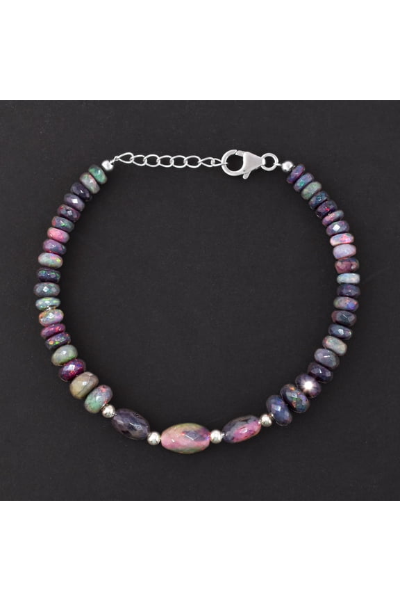 Natural Ethiopian Black Opal Gemstone Rondelles and Tumbled Beads Bracelet, Handmade Jewelry, Chakra Healing Crystals, October Birthstone, Gift for Women, 925 Sterling Silver Jewelry 8 inch