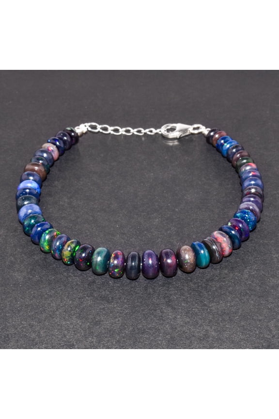 Natural Fire Black Opal Beads Stones Bangle Bracelet for Women, Healing Chakra Crystals, Birthstone Jewelry, Rhodium Plated 925 Sterling Silver 8 inch, Wedding Gift for her