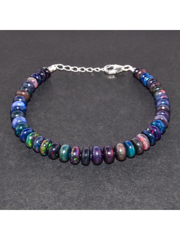 Natural Fire Black Opal Beads Stones Bangle Bracelet for Women, Healing Chakra Crystals, Birthstone Jewelry, Rhodium Plated 925 Sterling Silver 8 inch, Wedding Gift for her