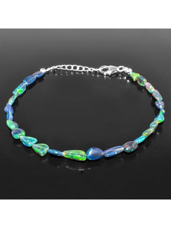 Natural Fire Black Opal Beads Stones Choker Bangle Bracelet for Women, Healing Chakra Crystals, Birthstone Jewelry, Rhodium Plated 925 Sterling Silver 8 inch, Wedding Gift for her