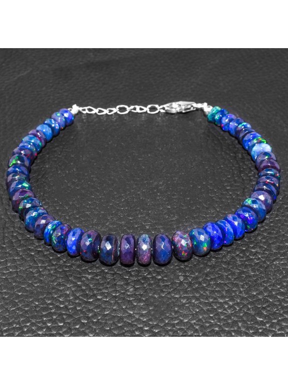 Natural Fire Black Opal Beads Stones Choker Bangle Bracelet for Women, Healing Chakra Crystals, Birthstone Jewelry, Rhodium Plating 925 Sterling Silver 8 inch Engagement Gift for her