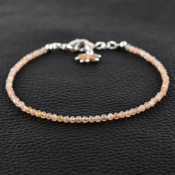 QNAVIC Natural Golden Moonstone Gemstone Micro Round Beads Dainty Bangle Bracelet Jewelry for Women Healing Chakra Crystals June Birthstone Gift for Her Silver Plated Chain 8 inch