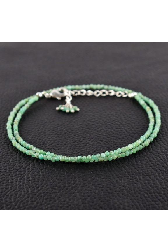 Natural Green Emerald Gemstone Micro Round Beads Dainty Choker Necklace Jewelry for Women Healing Chakra Crystals May Birthstone Gift for Her Silver Plated Chain 18 inch