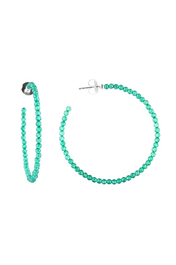 Natural Green Onyx Crystal Micro Beads Dainty Big Hoop Dangle Earrings for Women, Handmade Birthday Jewelry, Birthday Gift for Mom, Silver Plated Hoop Earrings