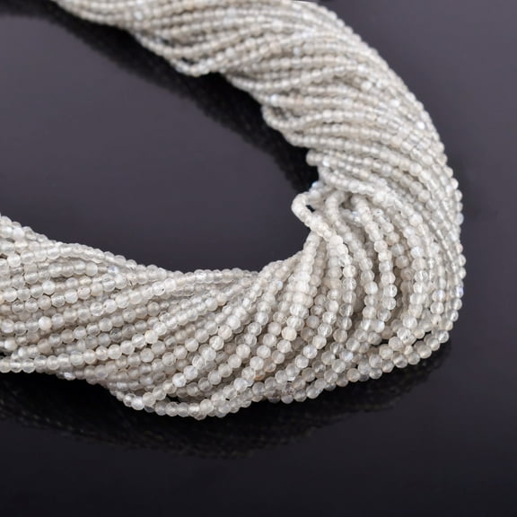 QNAVIC Natural Grey Moonstone Gemstone Micro Faceted Rounds Beads Strand Drilled Stone Chakra Healing Crystals DIY Jewelry Making Wholesale Bulk Loose Supply Strand 30 Centimeter (1 Strand)
