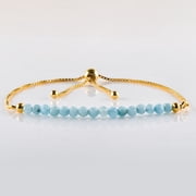QNAVIC Natural Larimar Micro Beaded Dainty Slider Bolo Bracelet, Handmade Jewelry for Women, Healing Chakra Crystals Birthstone Gift for Her, 14K Gold Plated Adjustable Chain 6-9 inch