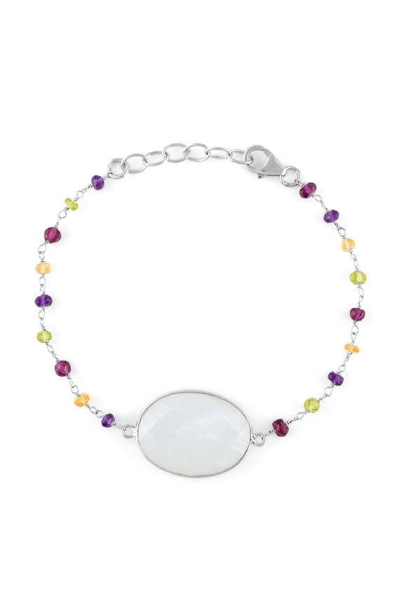 Natural Moonstone Gemstone Oval Bezel with Multi Gemstones Wire Wrapped Beads Rosary Chain Bracelet, Handmade Jewelry, Gift for Women, 925 Sterling Silver Bracelet