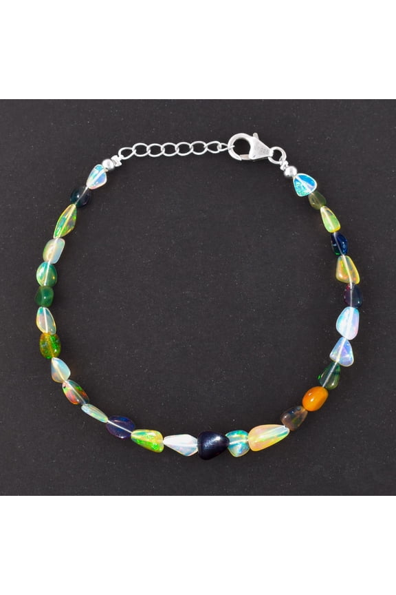 Natural Multi Ethiopian Opal Stone Nuggets Beads Bracelet, Handmade Jewelry, Healing Chakra Crystals, October Birthstone Gift for Women, Rhodium Plated 925 Sterling Silver Chain 8 Inch