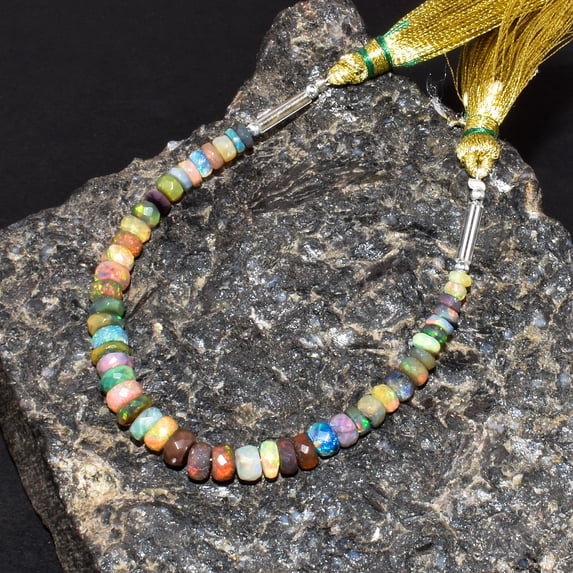QNAVIC Natural Multi Ethiopian Opal Stone Nuggets Uncut Chips Beads Bracelet Handmade Jewelry Healing Chakra Crystals October Birthstone Gift for Women Rhodium Plated 925 Sterling Silver Chain 8 Inch