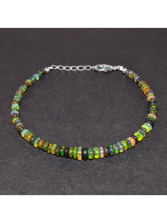 Natural Multi Fire Black Ethiopian Opal Beads Stones Bangle Bracelet for Women, Healing Chakra Crystals, Birthstone Jewelry, Rhodium Plated 925 Sterling Silver 8 inch, Wedding Gift for her