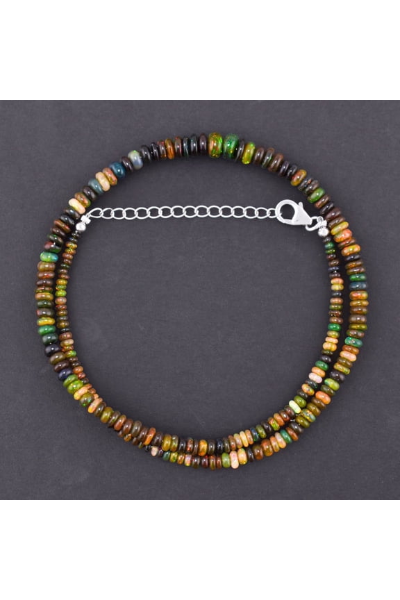 Natural Multi Fire Black Ethiopian Opal Beads Stones Choker Necklace for Women, Healing Chakra Crystals, Birthstone Jewelry, Rhodium Plated 925 Sterling Silver 18 inch, Wedding Gift for her