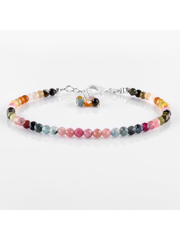 Multi-color Tourmaline Beaded Gemstone Bracelet for Women, Silver Plated Brass, Micro Faceted Round Shape Multi Stone, 8 to 12 Carats, Size Approx 3.00mm, Adjustable Healing Crystal Gift