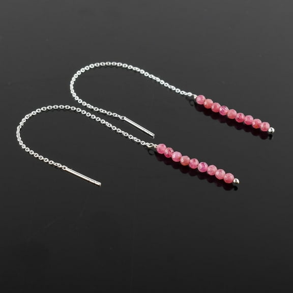 QNAVIC Natural Pink Tourmaline Crystal Stone Beads Dainty Threader Earrings for Women, Birthstone Handmade Birthday Jewelry Gift for Mom, Silver Plated Threader Dangle Earrings