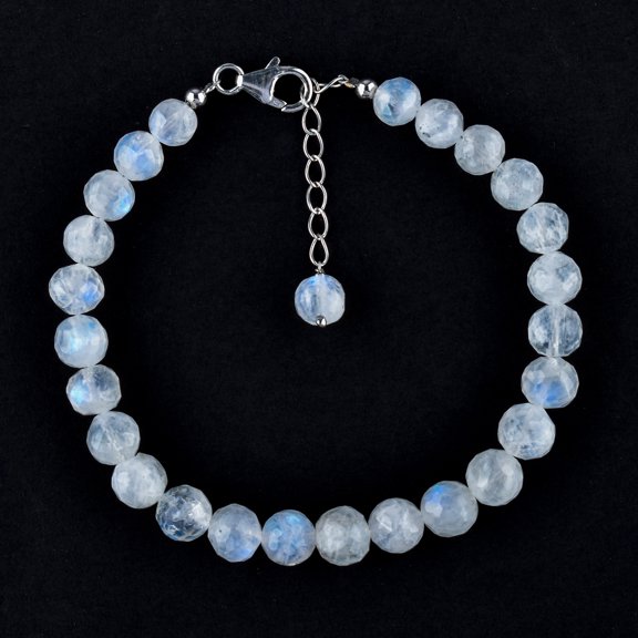 QNAVIC Natural Rainbow Moonstone Crystals Beaded Bracelet, Handmade Women Jewelry, Healing Crystals, Birthstone, 925 Sterling Silver 8 Inchs, Christmas Gift