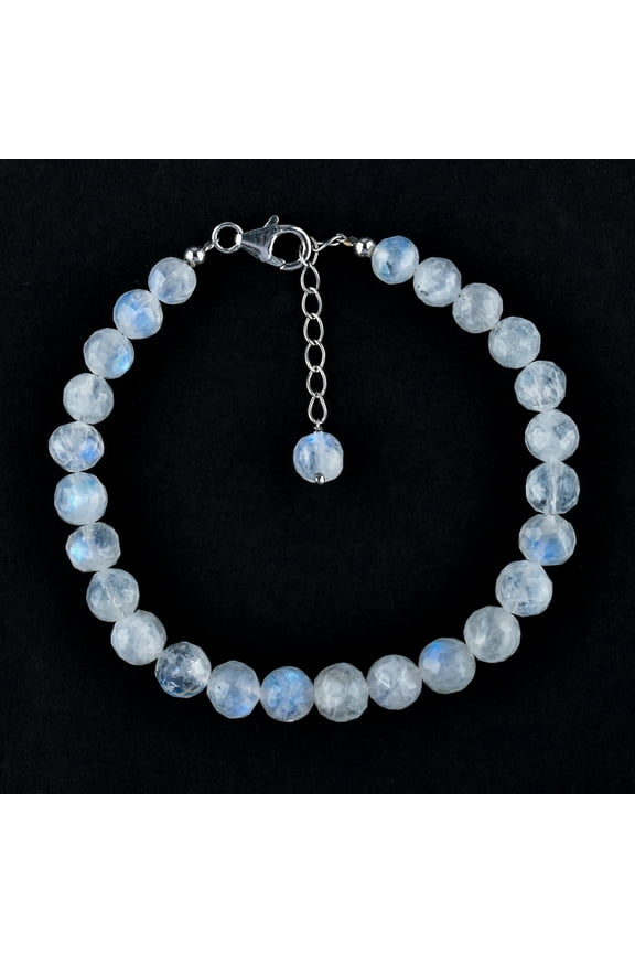 Natural Rainbow Moonstone Crystals Beaded Bracelet, Handmade Women Jewelry, Healing Crystals, Birthstone, 925 Sterling Silver 8 Inchs, Christmas Gift