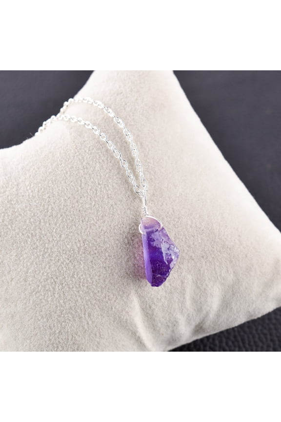 Natural Raw Amethyst Rough Gemstone Handmade Dainty Pendant Necklace Healing Chakra Crystals February Birthstone Jewelry Gift for Her Silver Plated Chain 18 inch