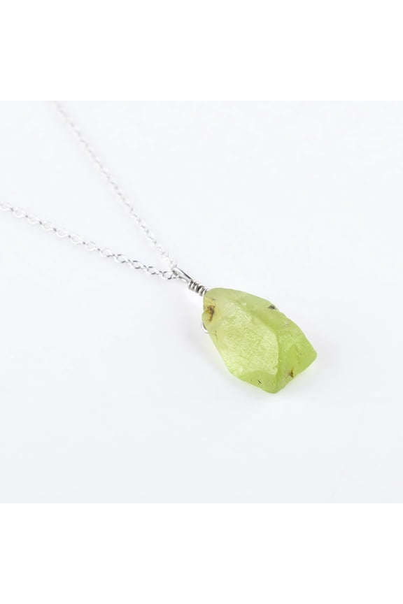 Natural Raw Green Peridot Gemstone Rough Stone Handmade Dainty Pendant Necklace, Healing Crystals August Birthstone Gift for Women, Rhodium Plated 925 Sterling Silver Chain 18 inch