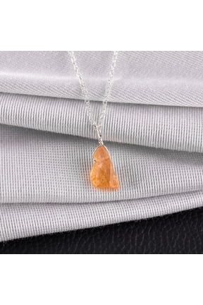 Natural Raw Imperial Topaz Gemstone Rough Stone Dainty Pendant Necklace, Healing Chakra Energy Crystals, Handmade Birthstone Gift for Women, Silver Plated Chain 18 inch