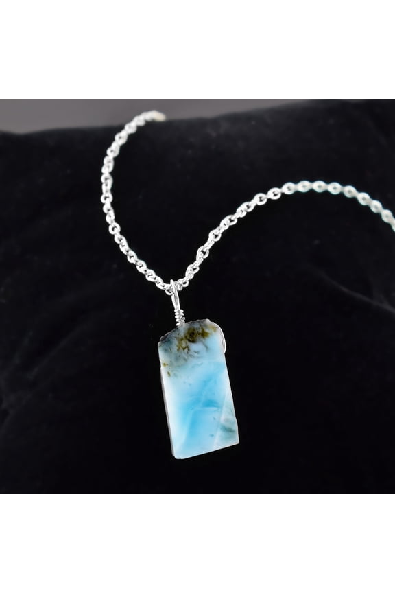 Natural Raw Larimar Gemstone Rough Stone Handmade Dainty Pendant Necklace, Healing Chakra Crystals, Birthstone Gift for Women, Silver Plated Chain 18 inch