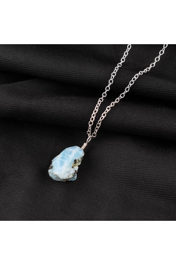 Natural Raw Larimar Rough Gemstone Crystal Handmade Dainty Pendant Necklace for Women Healing Chakra Energy Birthstone Jewelry Gift for Mom Silver Plated Chain 18 inch