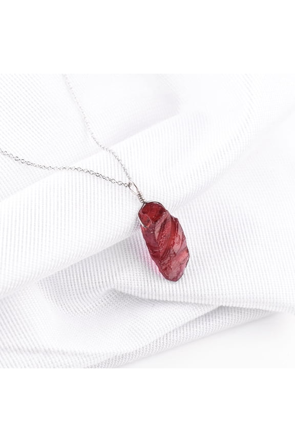 Natural Raw Malaya Garnet Rough Gemstone Dainty Pendant Necklace for Women, Healing Crystals, Handmade Jewelry, Rhodium Plating 925 Sterling Silver Chain 20 Inch, Wedding Gift for Her