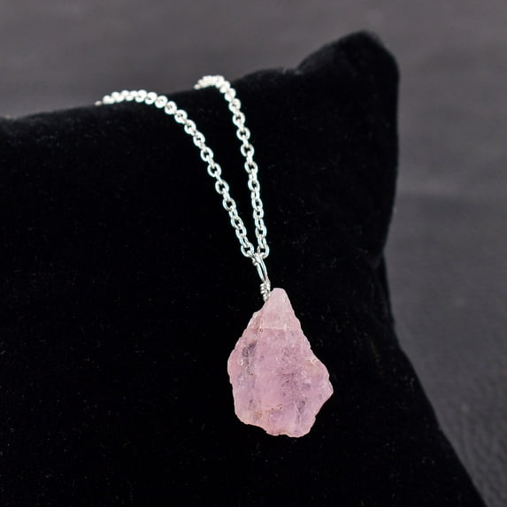 QNAVIC Natural Raw Pink Morganite Gemstone Rough Stone Handmade Dainty Pendant Necklace Healing Chakra Crystals March Birthstone Gift for Women Silver Plated Chain 18 inch