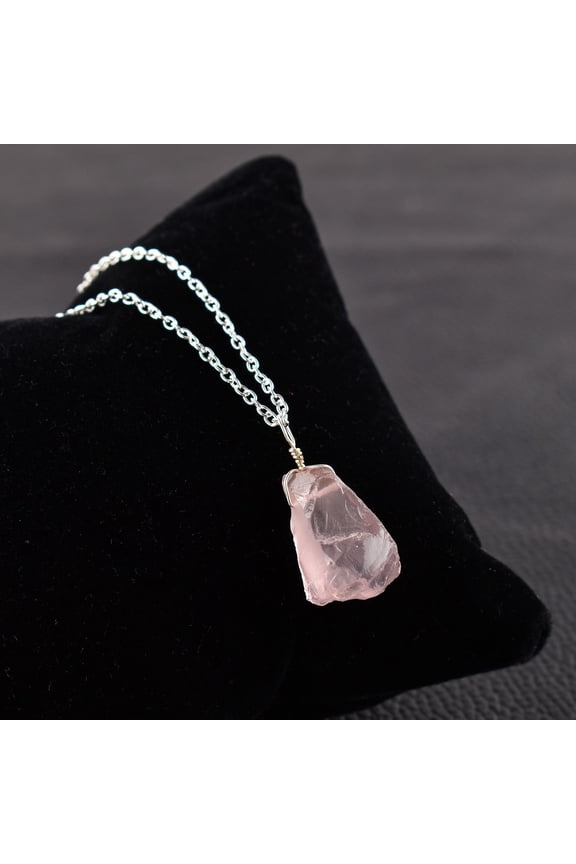 Natural Raw Rose Quartz Rough Gemstone Handmade Dainty Pendant Necklace for Women Healing Chakra Crystals Birthstone Birthday Gift for Her Silver Plated Chain 18 inch