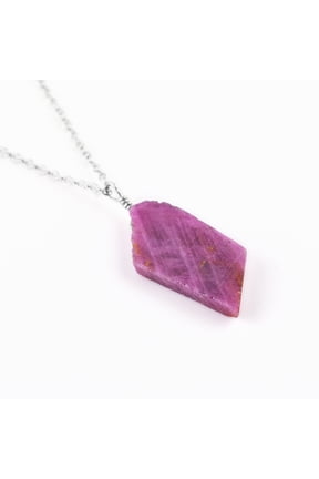 Natural Raw Ruby Gemstone Rough Stone Handmade Dainty Pendant Necklace, Healing Crystals, July Birthstone Gift for Women, Rhodium Plated 925 Sterling Silver Chain 18 inch