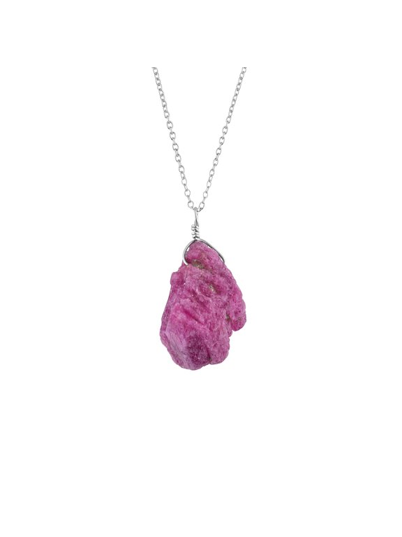 Natural Raw Ruby Gemstone Rough Stone Handmade Dainty Pendant Necklace Healing Crystals July Birthstone Gift for Women Rhodium Plated 925 Sterling Silver Necklace 18 inch