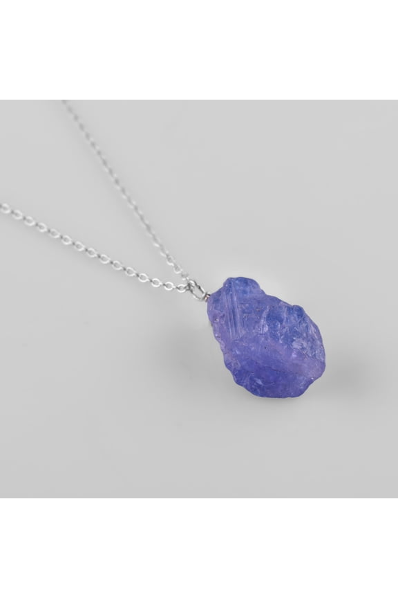 Natural Raw Tanzanite Rough Crystal Gemstone Dainty Pendant Necklace For Women, Chakra Healing Stones, Birthstone Jewelry, Rhodium Plated 925 Sterling Silver Chain 18" Birthday Gift