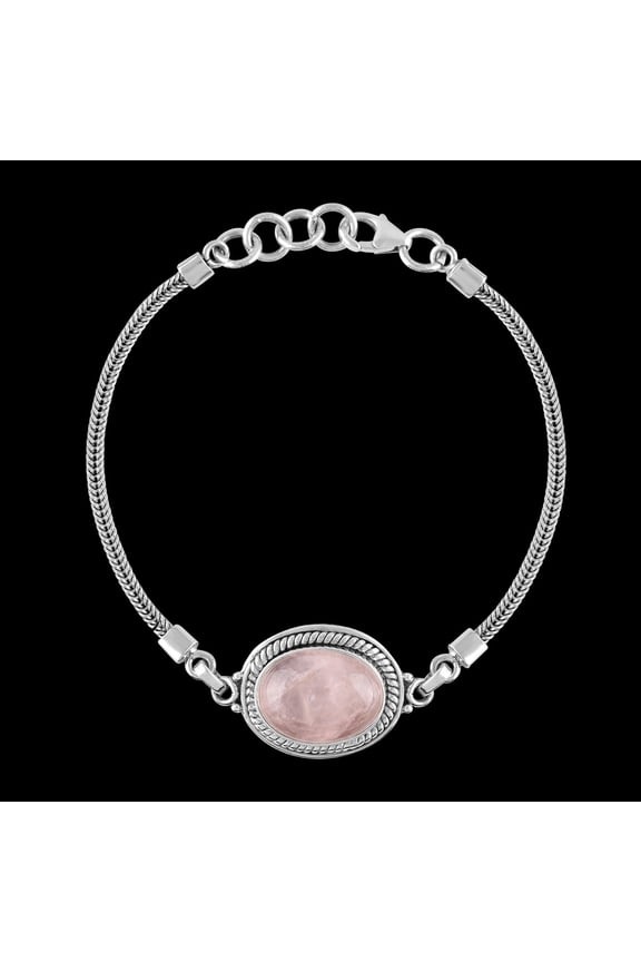 Natural Rose Quartz Gemstone Oval Cabochon Dainty Bezel Link Bracelet, Oxidized 925 Sterling Silver Jewelry, Foxtail Chain Bracelet, Birthday Gift for Her