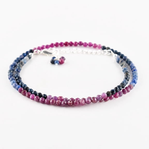QNAVIC Natural Ruby & Sapphire Gemstone Micro Round Beads Dainty Choker Necklace Jewelry for Women Healing Chakra Crystals Birthstone Gift for Her Silver Plated Chain 18 inch