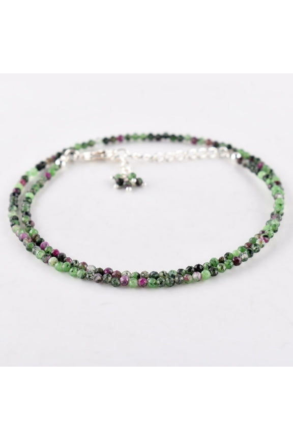 Natural Ruby Zoisite Gemstone Micro Round Beads Dainty Choker Necklace, Jewelry for Women, Healing Chakra Crystals, Birthstone Birthday Gift for Her, Silver Plated Chain 18 inch