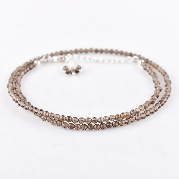 QNAVIC Natural Smoky Quartz Gemstone Micro Round Beads Dainty Choker Necklace, Jewelry for Women, Healing Chakra Crystals, Birthstone Birthday Gift for Her, Silver Plated Chain 18 inch