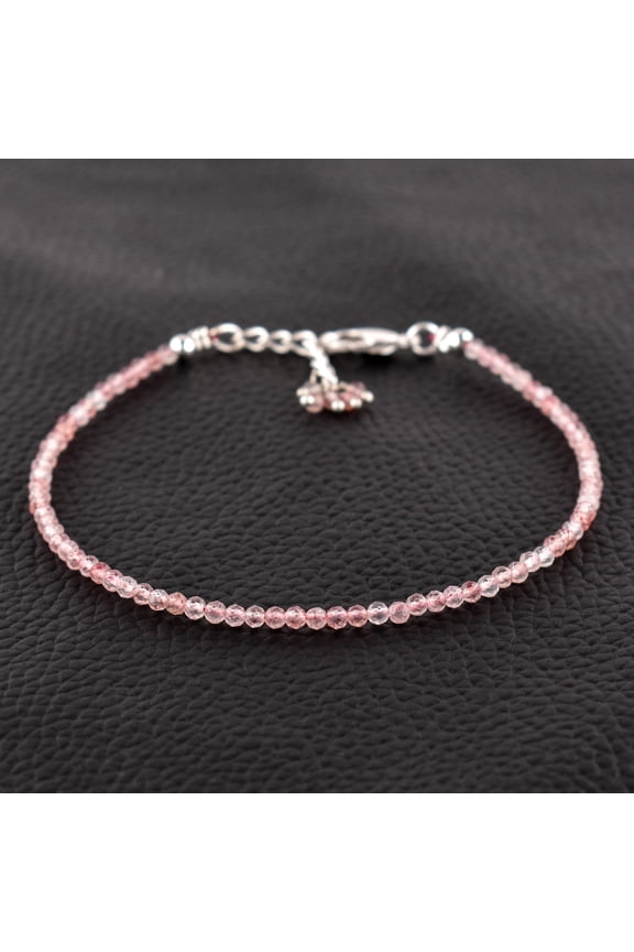 Natural Strawberry Quartz Gemstone Micro Round Beads Dainty Bangle Bracelet, Jewelry for Women, Healing Crystals, Birthstone Gift for Her, Silver Plated Chain 8 inch