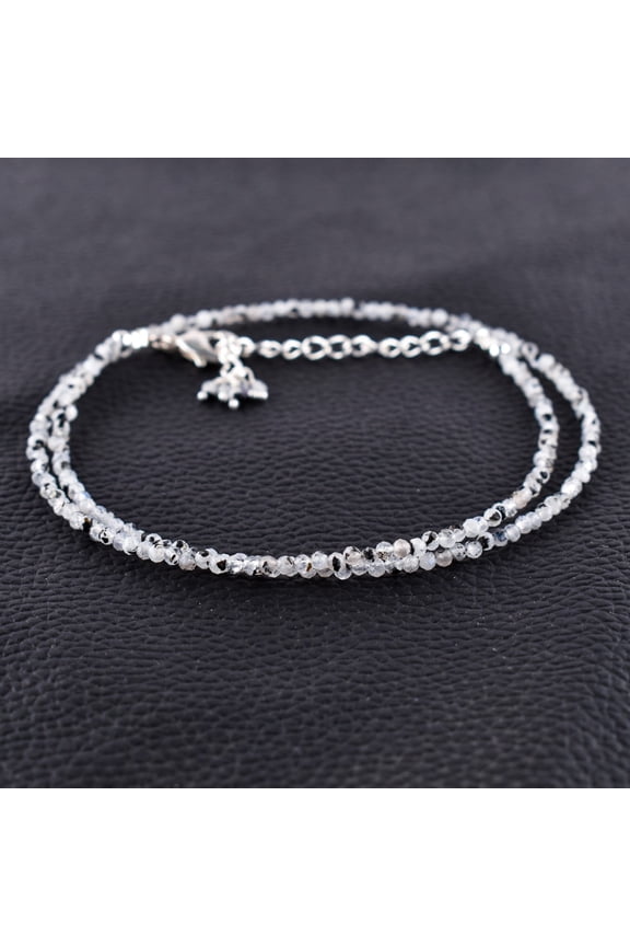 Natural Tourmalated Moonstone Gemstone Micro Round Beads Dainty Choker Necklace Jewelry for Women Healing Crystals June Birthstone Gift for Her Silver Plated Chain 18 inch